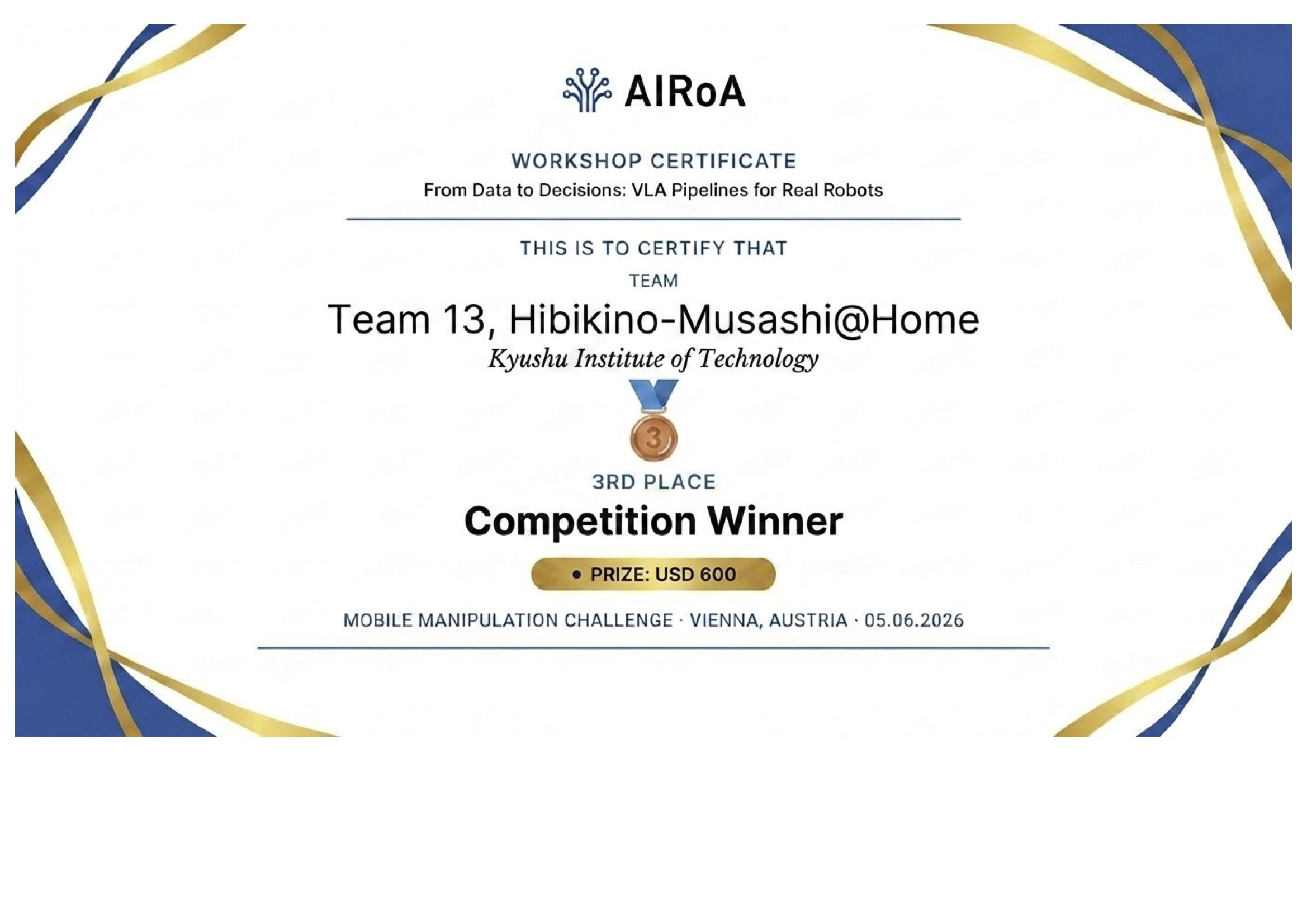 ICRA 2026 Workshop「VLA Pipelines for Real Robots」VLA開発コンペティション3位(賞状).jpg